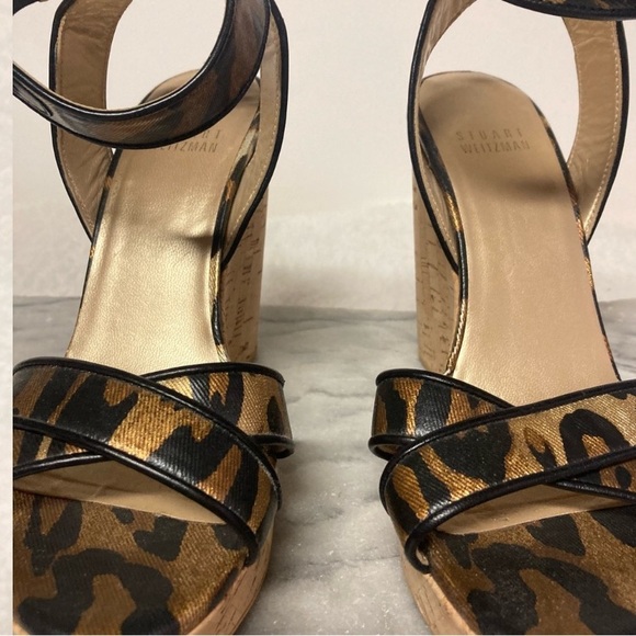 Stuart Weitzman Sz 6 Leopard Print Ankle Strap Wedge Heels Tan Black - Picture 4 of 13